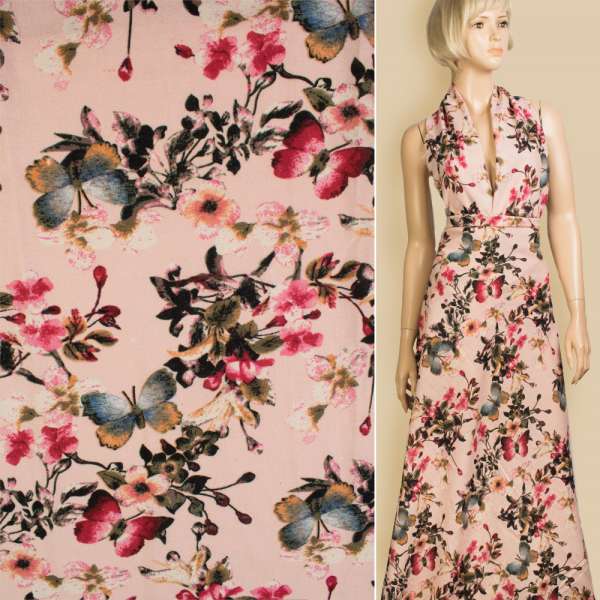 Лен розовый в белые цветы, синие бабочки, ш.145