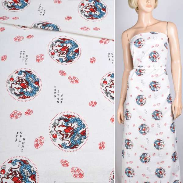 Лен белый с синими драконами ш.145