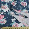 Лен синий с белым в розовые розы ш.140