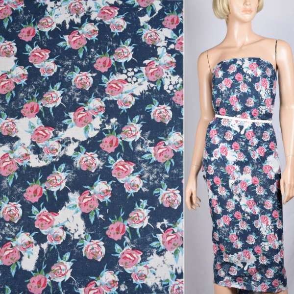 Лен синий с белым в розовые розы ш.140