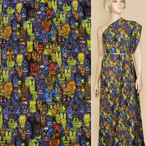 Лен синий в красные, оранжевые, фиолетовые африканские маски, ш.150