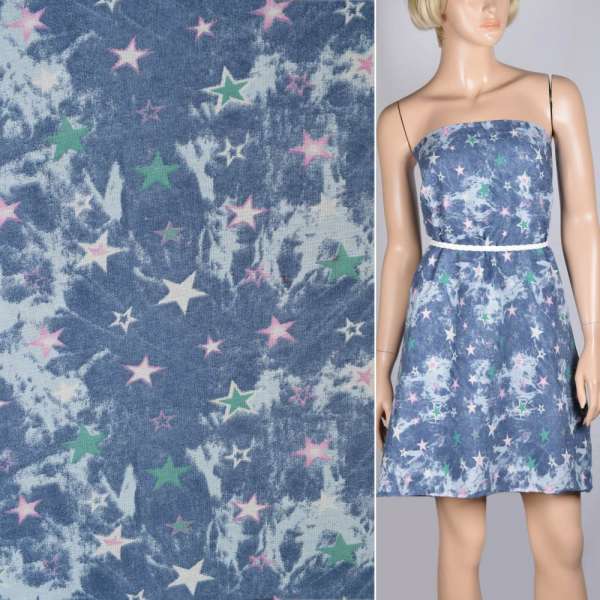 Лен синий вываренный со звездами ш.140