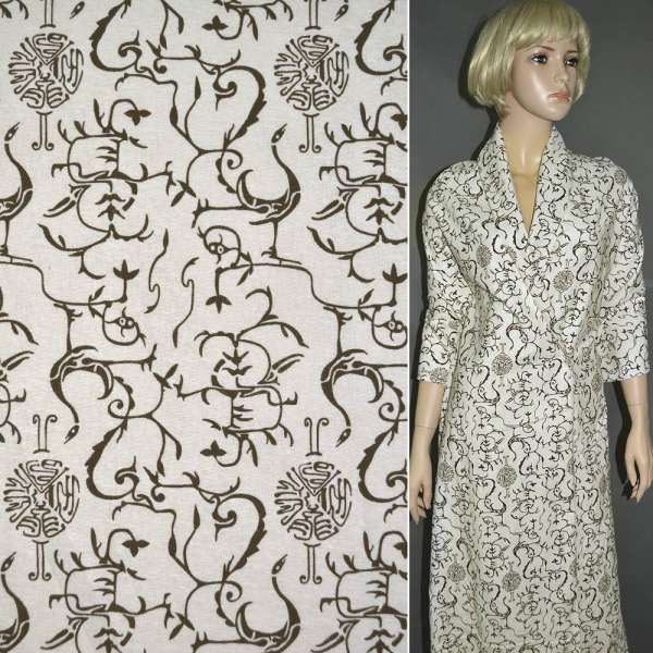 Лен молочный с коричневыми завитками и птицами ш.145