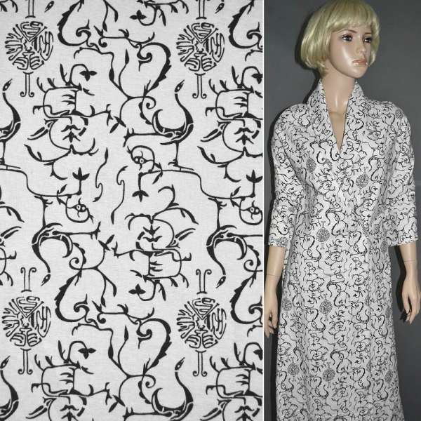 Лен молочный с черными завитками и птицами ш.145