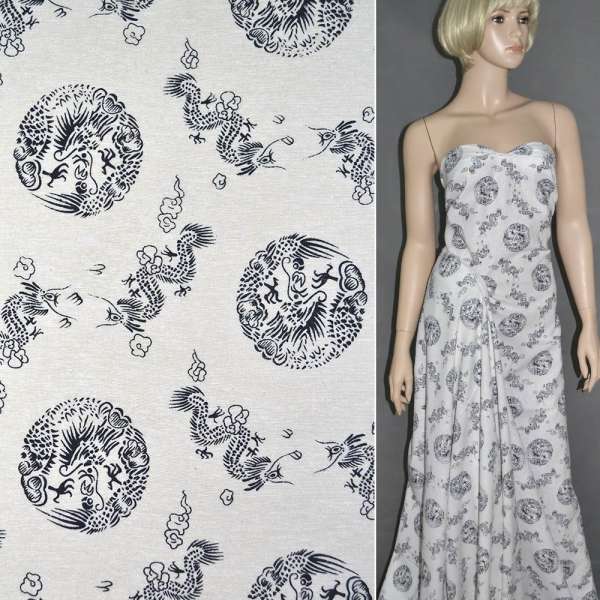 Лен молочный с черными драконами ш.142