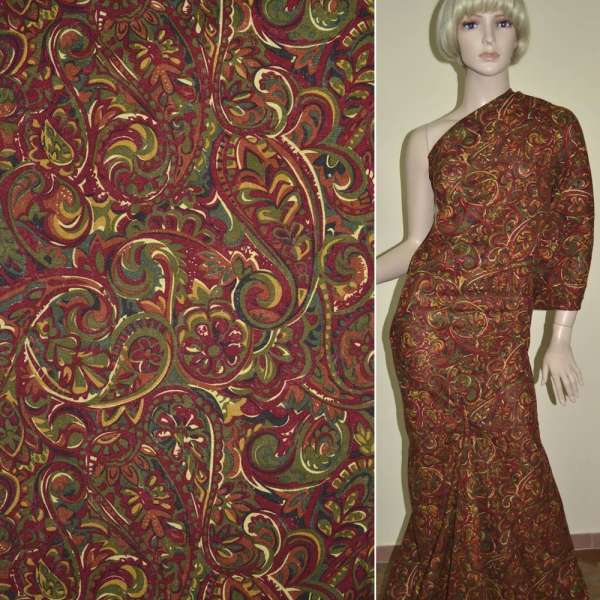 Лен зеленый с бордово-бежевыми огурцами ш.145