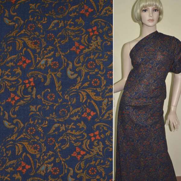 Лен синий с золотисто-бежевыми завитками и красными цветами ш.142