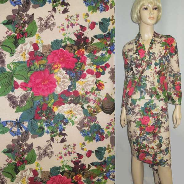 Лен бежевый с разноцветными цветами и бабочками ш.145