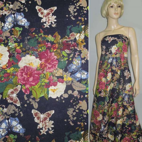 Лен синий темный с разноцветными цветами и бабочками ш.145