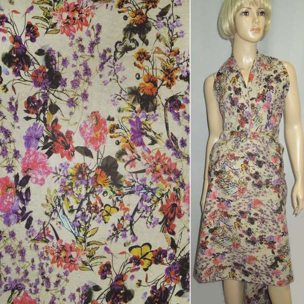 Лен оливковый с разноцветными цветами и бабочками ш.145