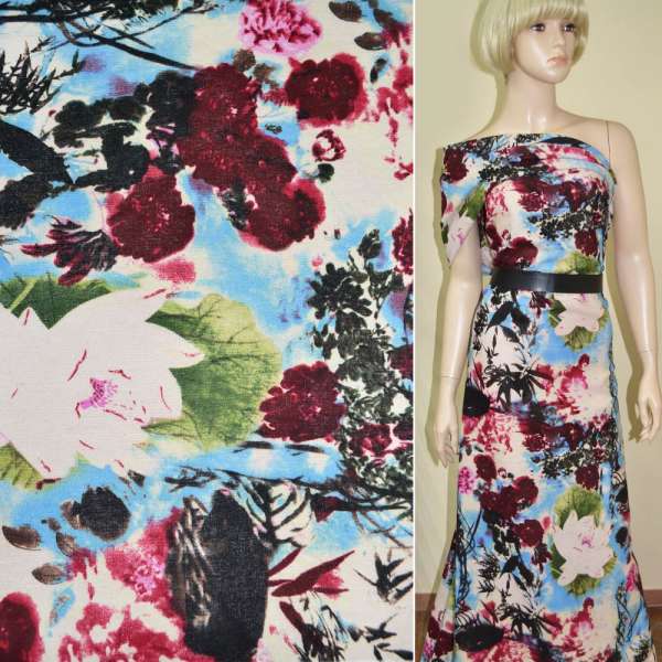 Лен песочный светлый с розово-бордовыми цветами ш.145