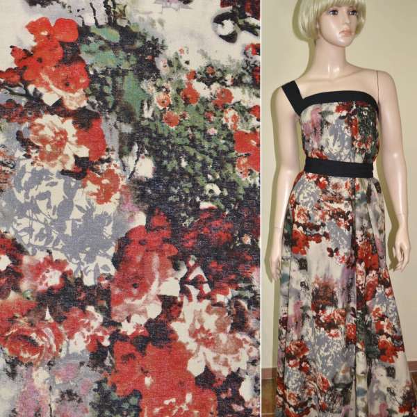 Лен бежево-серый с красными цветами ш.147