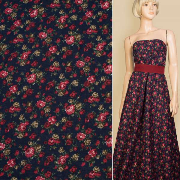 Лен синий темный с красными розами, ш.145