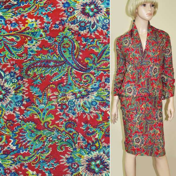 Лен красный с бирюзово-желтыми огурцами ш.150