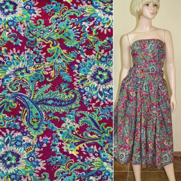 Лен вишневый с бирюзово-желтыми огурцами ш.145