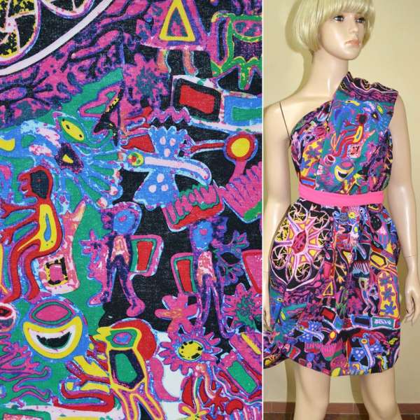 Лен черный с разноцветным геометрическим рисунком ш.145