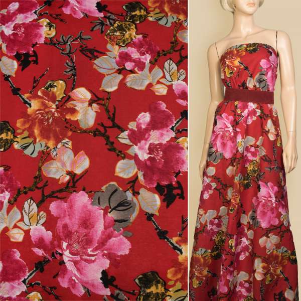 Лен красный в большие розовые цветы, ш.145