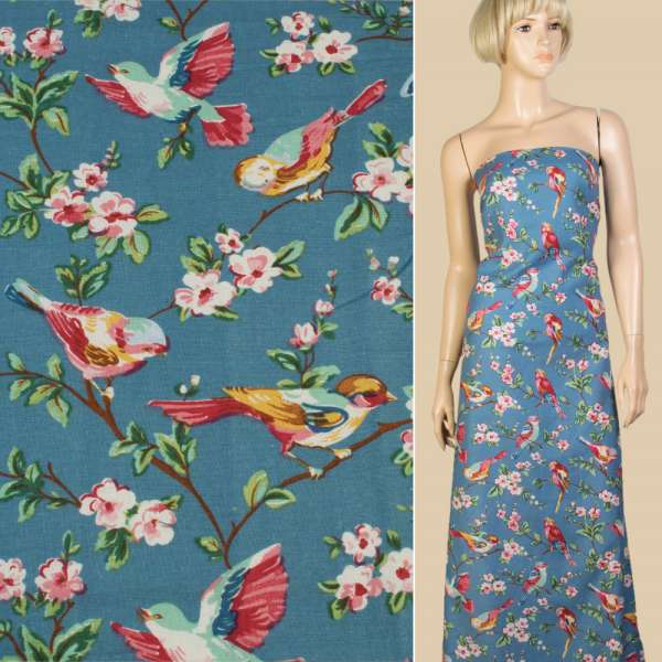 Лен синий с птицами и цветущими ветками, ш.145