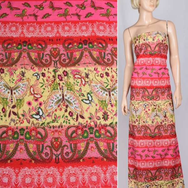 Лен в розово-желтые полосы с бабочками и цветами ш.150