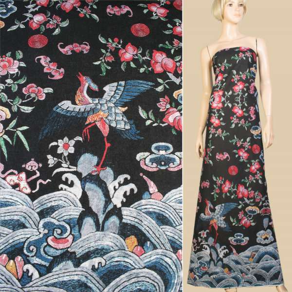 Лен черный, красные цветы, журавль, волны (1ст купон), ш.145