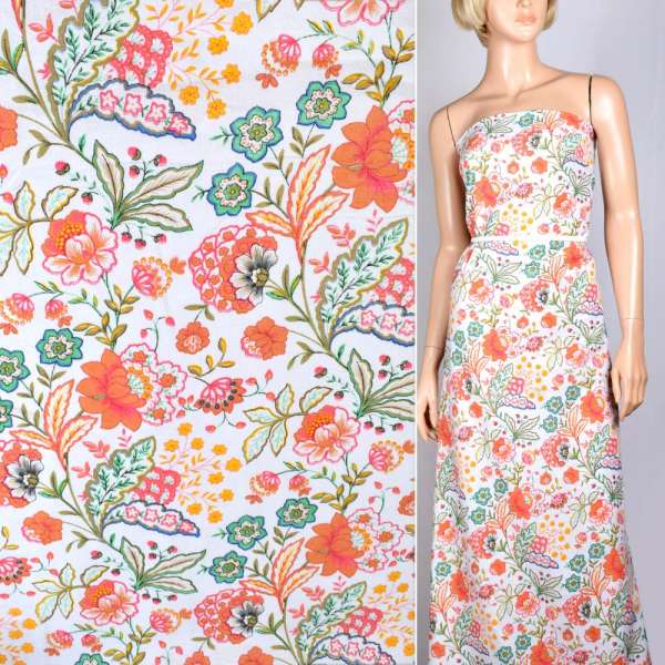 Лен белый с оранжево-желтыми цветами ш.145