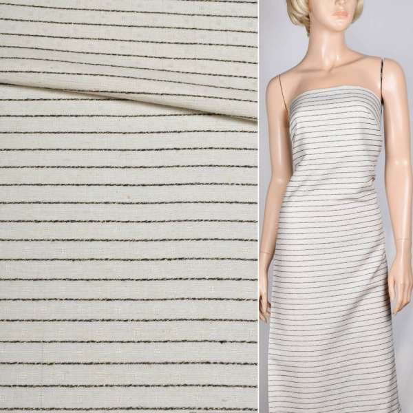 Лен костюмный молочный в черные полоски с люрексом ш.145