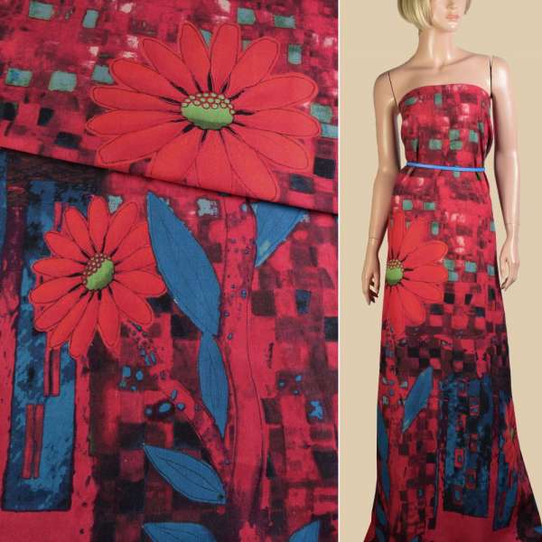 Лен красный, большие оранжевые цветы, синие листья, ш.150