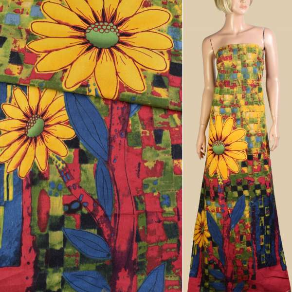 Лен желто-зеленый, большие желтые цветы, синие листья, ш.150