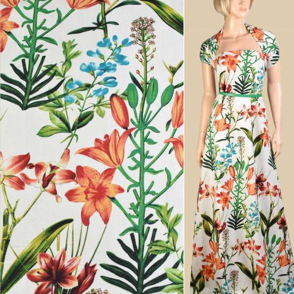 Лен молочный, оранжевые лилии, зеленые листья, ш.145