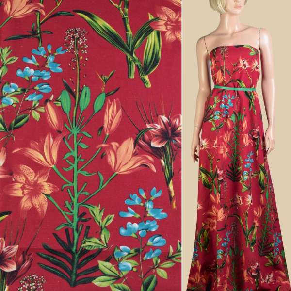 Лен красный, оранжевые лилии, зеленые листья, ш.150