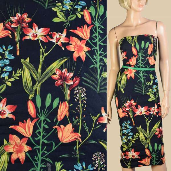 Лен черный, оранжевые лилии, зеленые листья, ш.150