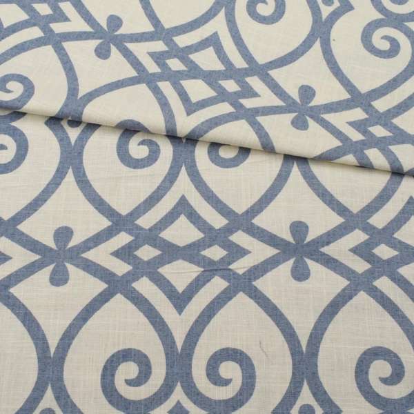 Лен с хлопком стрейч молочный в синий узор ш.145