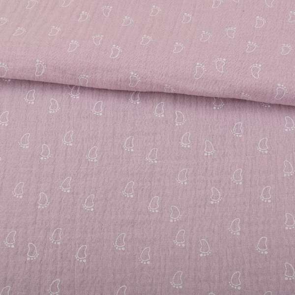 Муслин (марлевка жата подвійна) рожево-сірий, білі лапки, ш.140