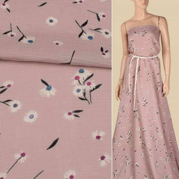 Муслін (марлевка жата подвійна) фрезовий, молочні квіти, ш.135