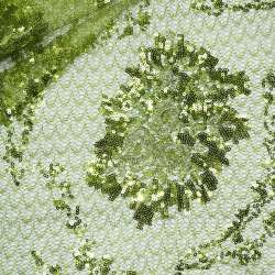 Павутинка зелена з паєтками і букетом бежевих квітів ш.130