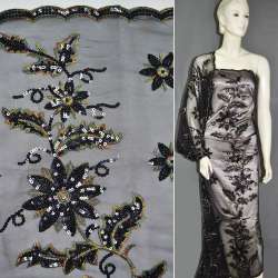 Сетка черная с цветами из черных пайеток и цветной вышивкой, ш.130
