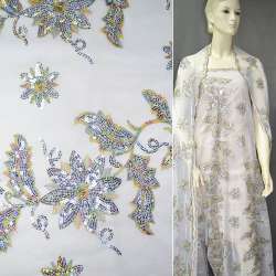 Сетка белая с цветками из серебряных пайеток и цветной вышивкой, ш.130