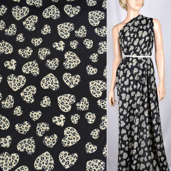 Креп поплин черный с бежевыми сердцами ш.150