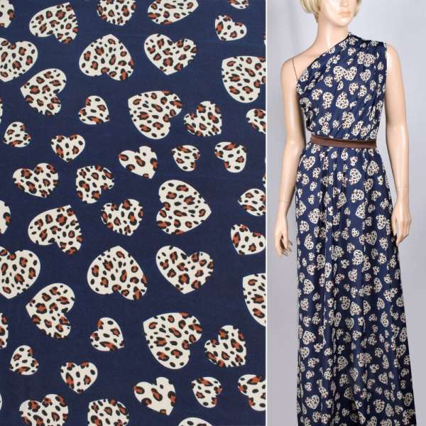 Креп поплин синий с молочными сердцами ш.150