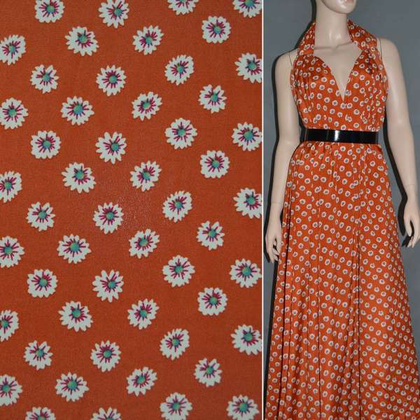 Креп поплін теракотовий рудий з молочними квітами ш.150