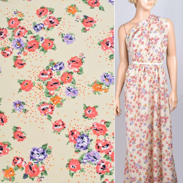 Креп поплин кремовый с розовыми букетами цветов ш.150