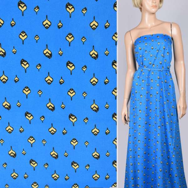 Креп поплін синій світлий з бежево-чорними листям ш.150