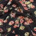 Креп поплін чорний з рожево-жовтими квітами ш.150