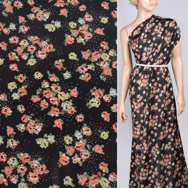 Креп поплін чорний з рожево-жовтими квітами ш.150