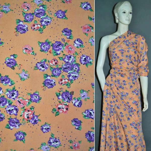 Креп поплін помаранчевий з рожево-фіолетовими квітами ш.150