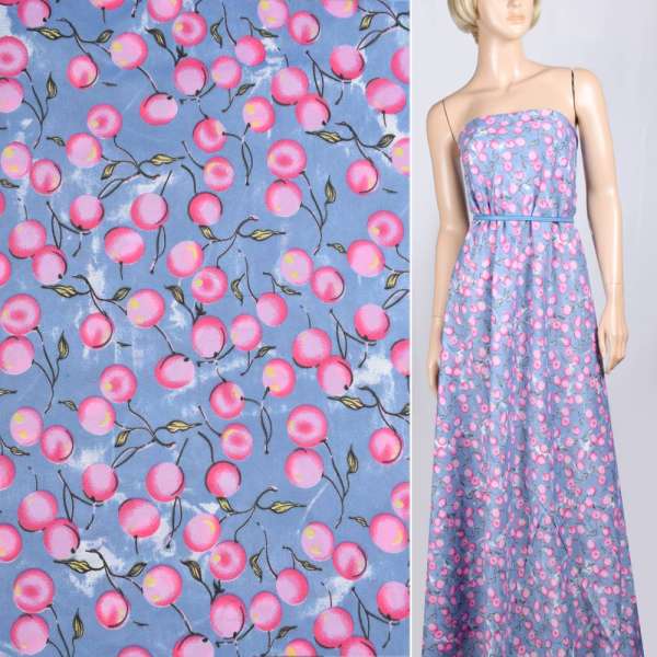 Поплин синий светлый с розовыми ягодами ш.150