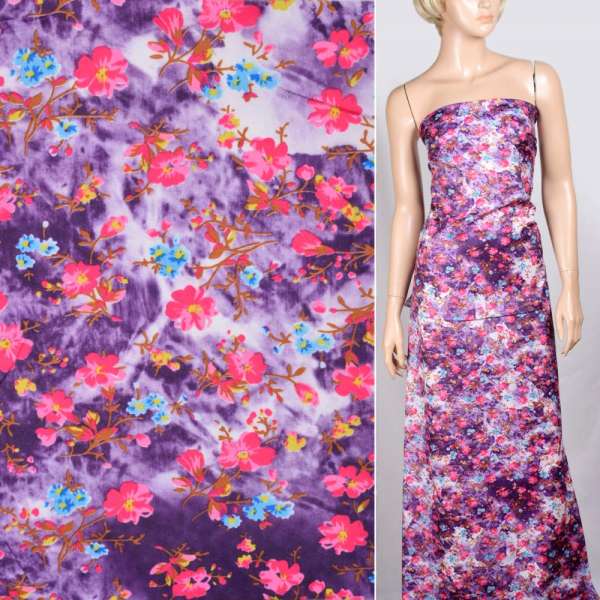 Поплин фиолетово-белый с малиновыми цветами ш.150