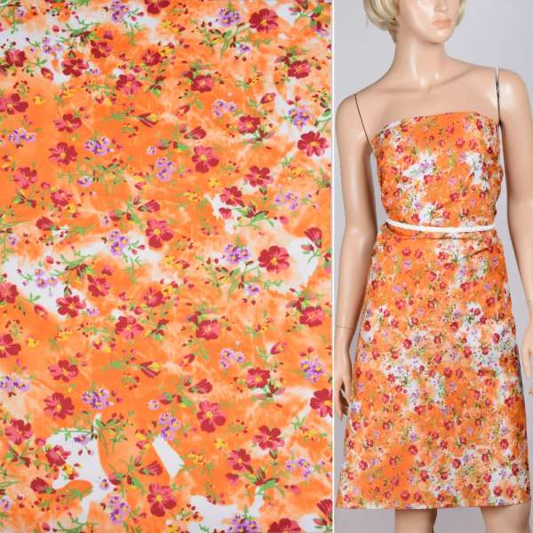 Поплин оранжево-белый с бордовыми цветами ш.150