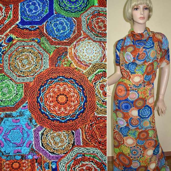 Креп поплин терракотово-синий калейдоскоп ш.150