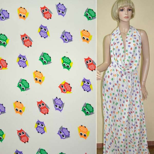 Креп поплин молочный с разноцветными совами ш.150